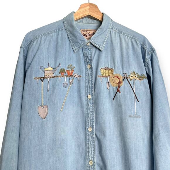 Vintage Woolrich Gardening Embroidered Long Sleeve Chambray Button Up Women's L - Picture 3 of 8